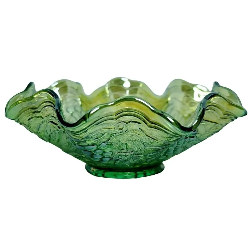 Vintage Imperial Carnival Glass Green‎ Ruffled Bowl Grapes Uranium?